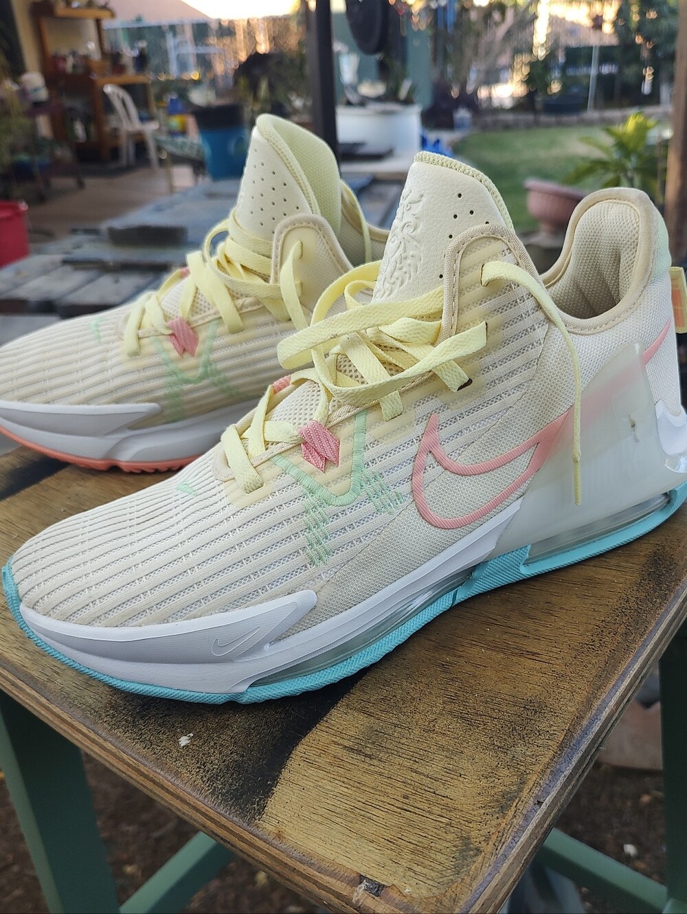 Nike Cream Low-Top Sneakers with Pink Swoosh and Aqua Trim 10.5